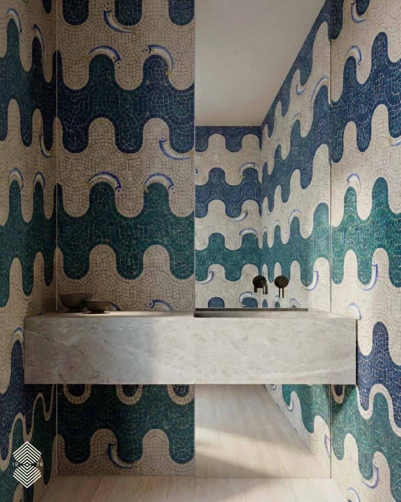A marine mosaic art with organic geometry with dark aquatic tone and repeating curved arcs