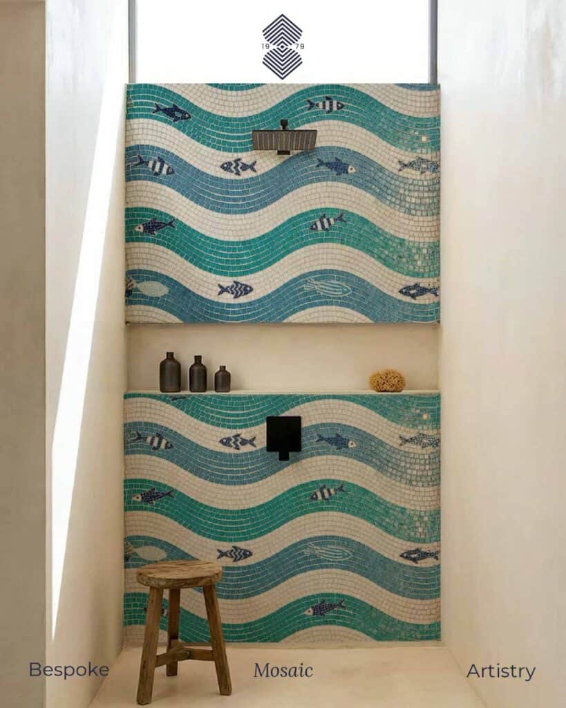 An aqua, teal and seafoam green rhythmic wave mosaic pattern with striped fish mosaic and white layered waves