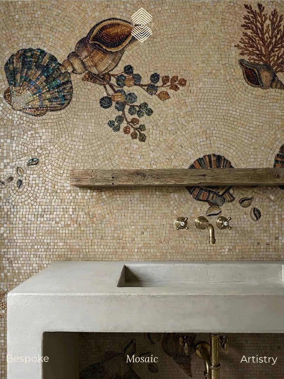 A contemporary sea life mosaic wall in a neutral tone with artisanal glass & natural stone mosaic finishes. Wall is featuring marine shell mosaic motifs
