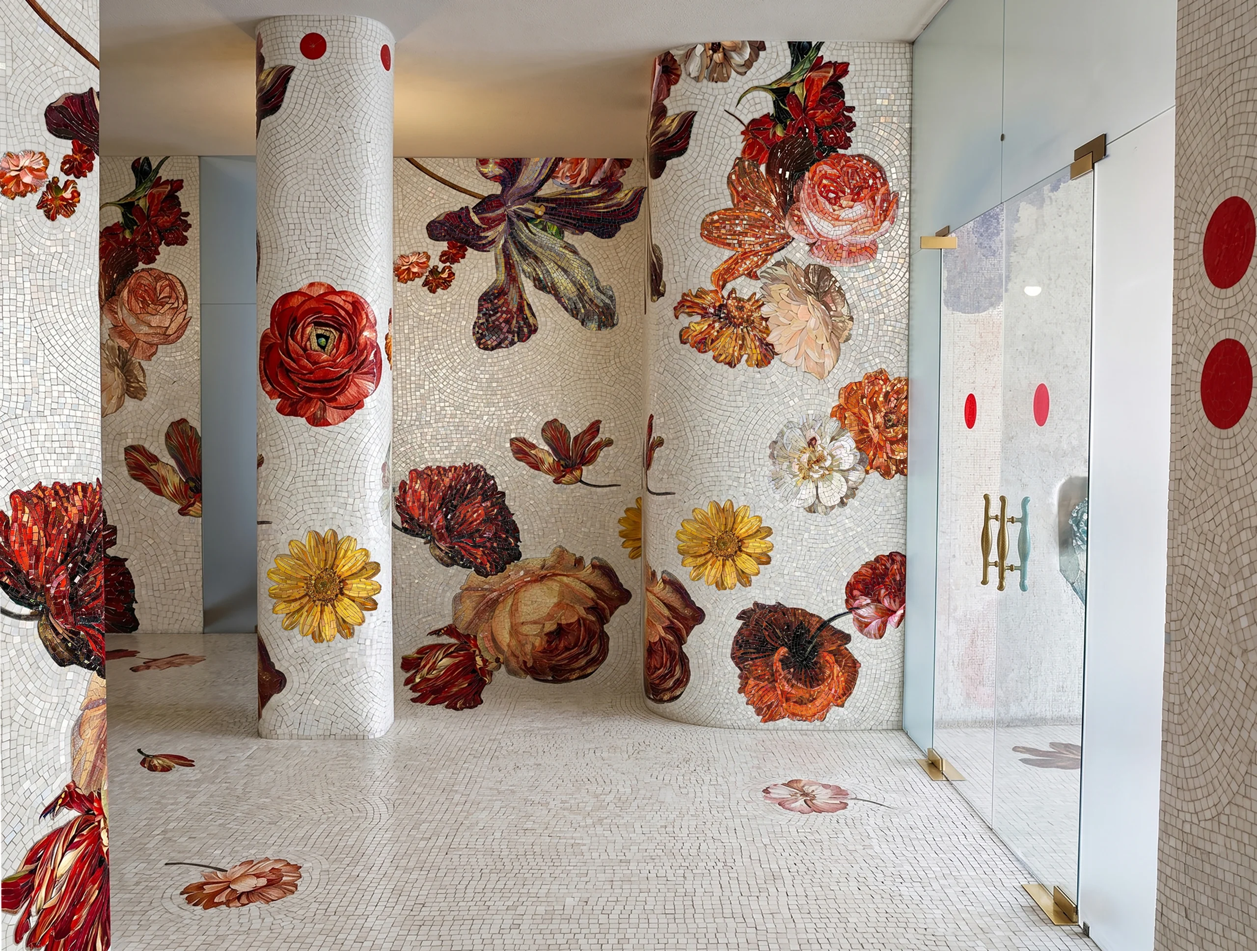 luxury floral mosaic installation featuring dahlias, roses, and botanical blooms flowing across walls and columns on an ivory mosaic background