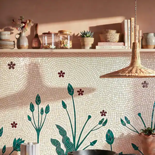 Malachite Meadow botanical mosaic backsplash featuring green meadow stems, delicate burgundy flowers, and ivory tesserae in an elegant handcrafted design