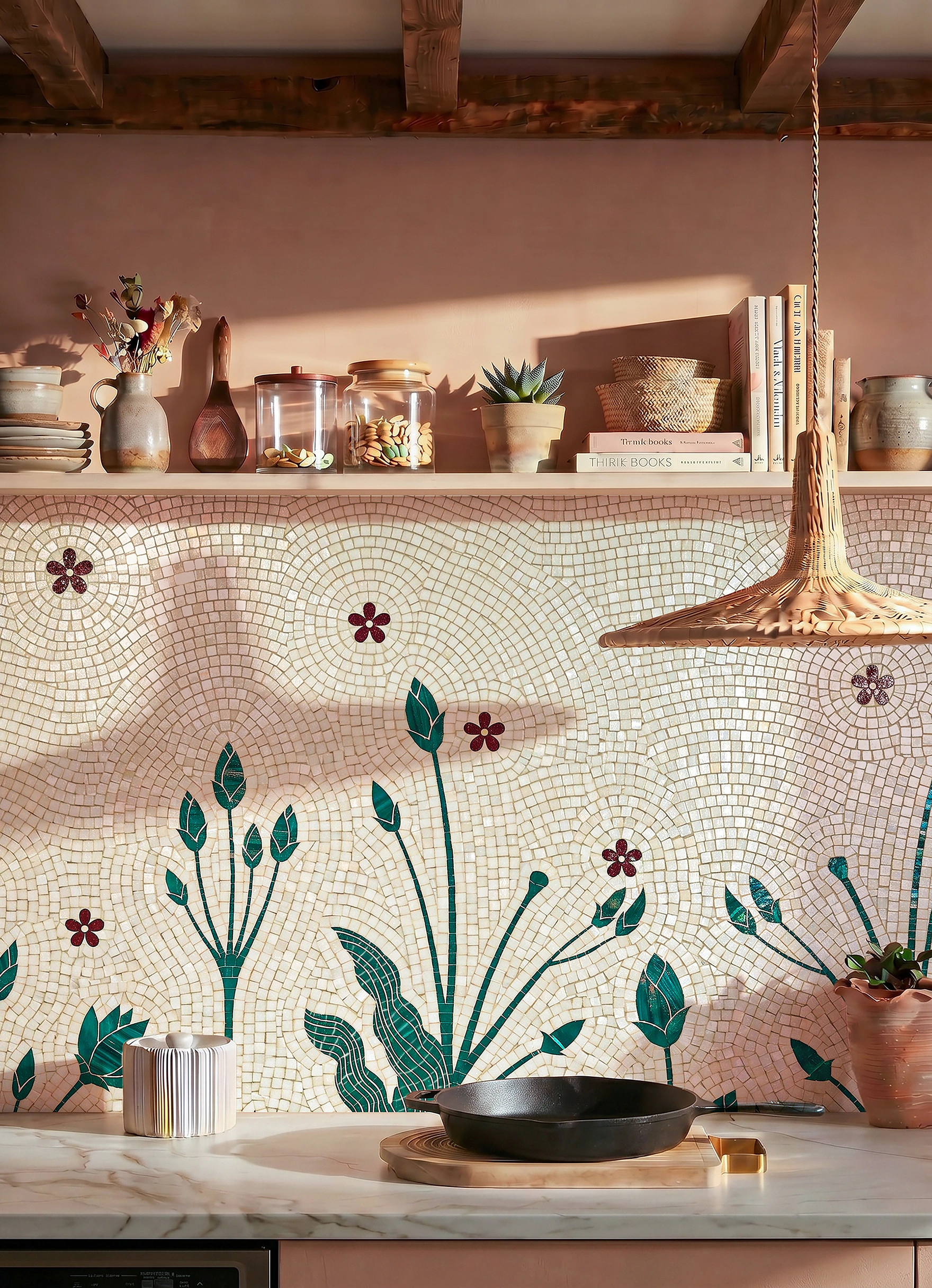 botanical mosaic backsplash featuring green meadow stems, delicate burgundy flowers, and ivory tesserae in an elegant handcrafted design