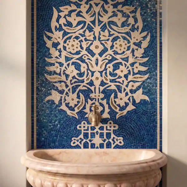 Ottoman Floral Mosaic Fountain luxury blue arabesque mosaic fountain featuring intricate floral motifs ivory ornamentation and elegant mediterranean design