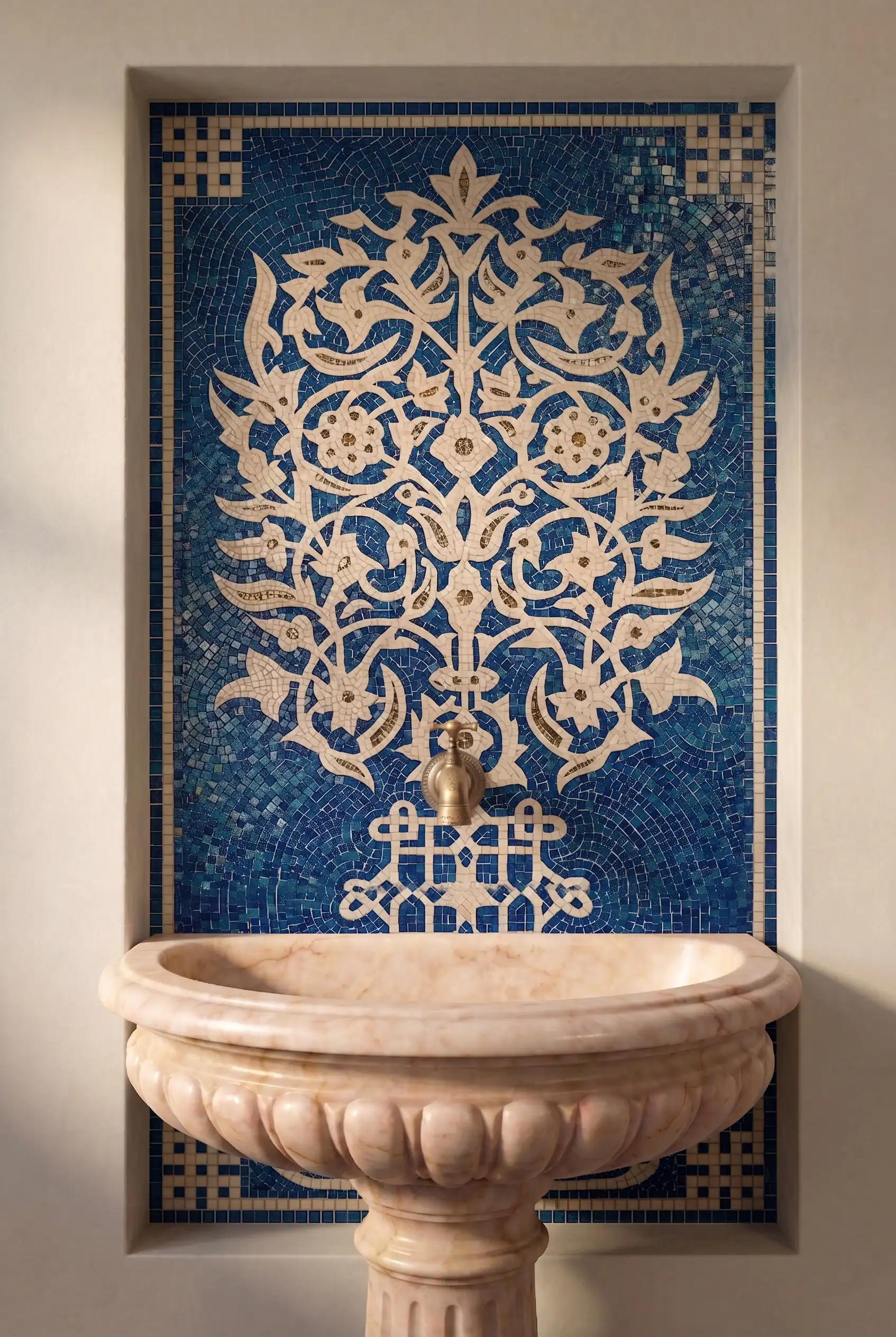 luxury blue arabesque mosaic fountain featuring intricate floral motifs ivory ornamentation and elegant mediterranean design