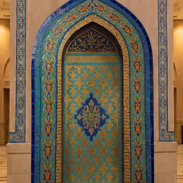 Royal Arabesque Mosaic Wall luxury islamic mosaic niche featuring arabesque patterns turquoise blue geometric motifs and ornate architectural arch detailing
