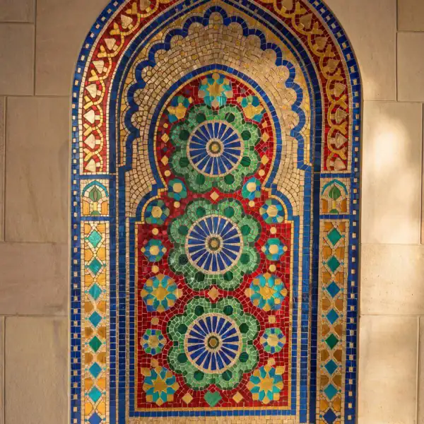 Royal Rosette Mosaic Wall luxury mosaic niche featuring colorful floral rosettes geometric islamic patterns and ornate arched architectural detailing