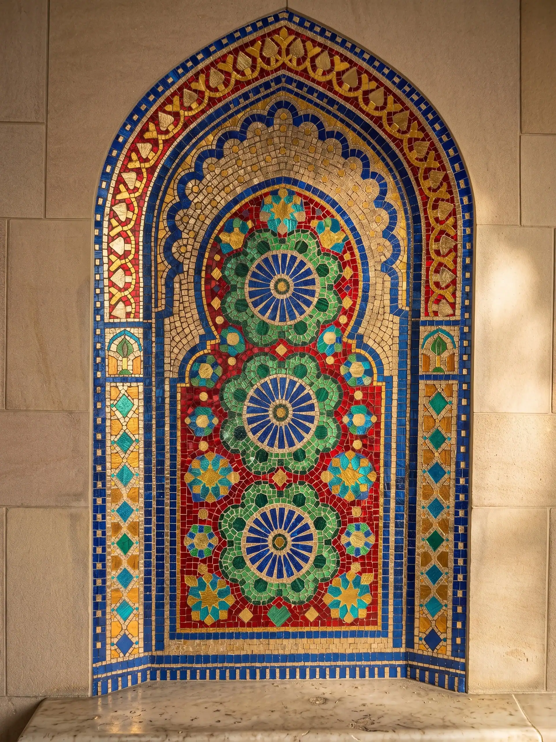 luxury mosaic niche featuring colorful floral rosettes geometric islamic patterns and ornate arched architectural detailing