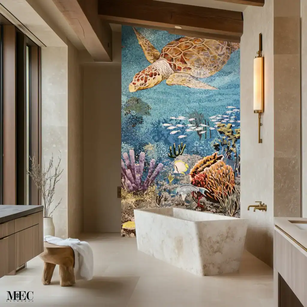A 10ftx5ft hand-cut aquatic mosaic artwork showcasing a huge turtle with many fishes swimming nearby, surrounded by bright corals