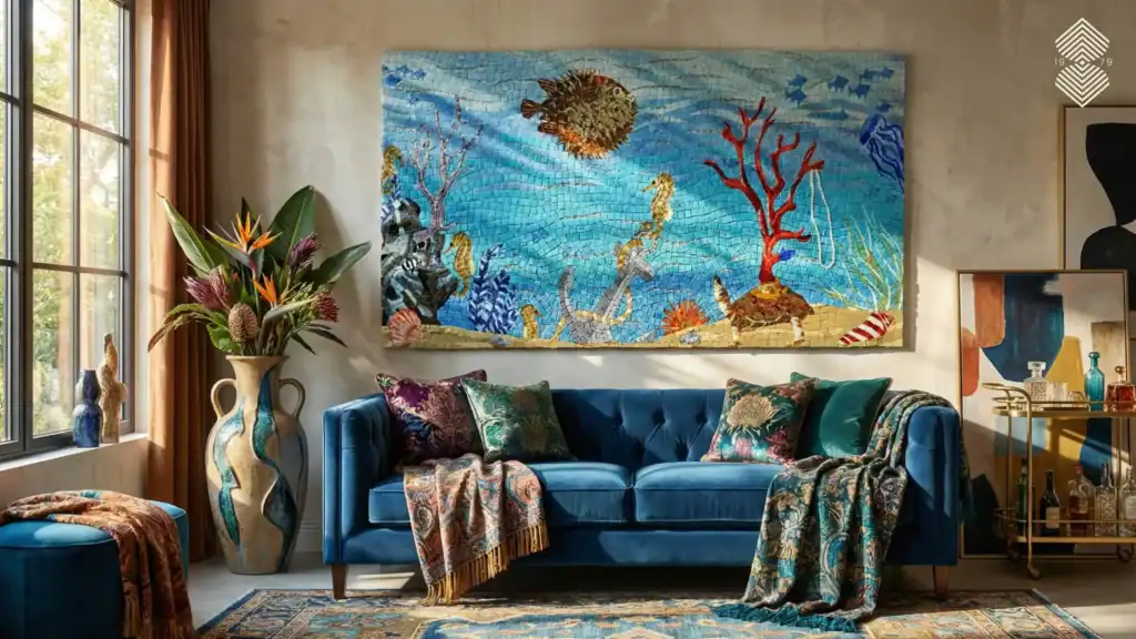Mosaic artwork inspired by the sea, in a spacious room with sunlight pouring in and navy-blue long sofa below the mosaic artwork. Four luxurious cushions are styled on the sofa, with throws and a plant pot