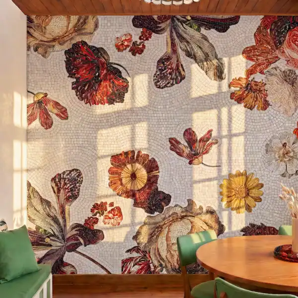 Sepia Intaglio luxury floral mosaic installation featuring dahlias, roses, and botanical blooms flowing across walls and columns on an ivory mosaic background