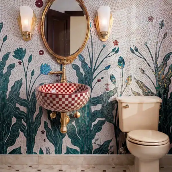 Viridian Thalassa botanical mosaic wall featuring emerald foliage, delicate blossoms, and aquatic-inspired plants on an ivory handcrafted mosaic background