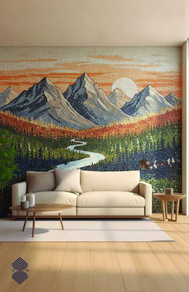 Room before and after using AI to visualize a custom mosaic in your room