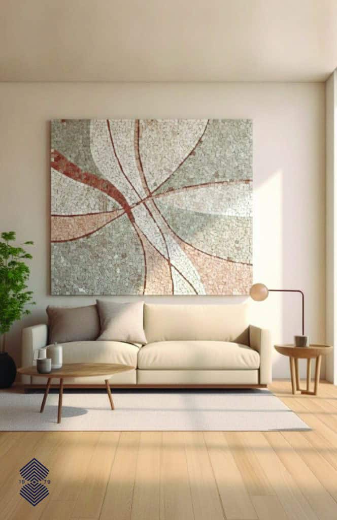 efore and after comparison to visualize a custom mosaic in your room using AI