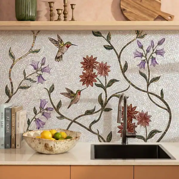 Avian Bloom botanical mosaic backsplash featuring hummingbirds, burgundy flowers, lavender blooms, and flowing green vines on an ivory background