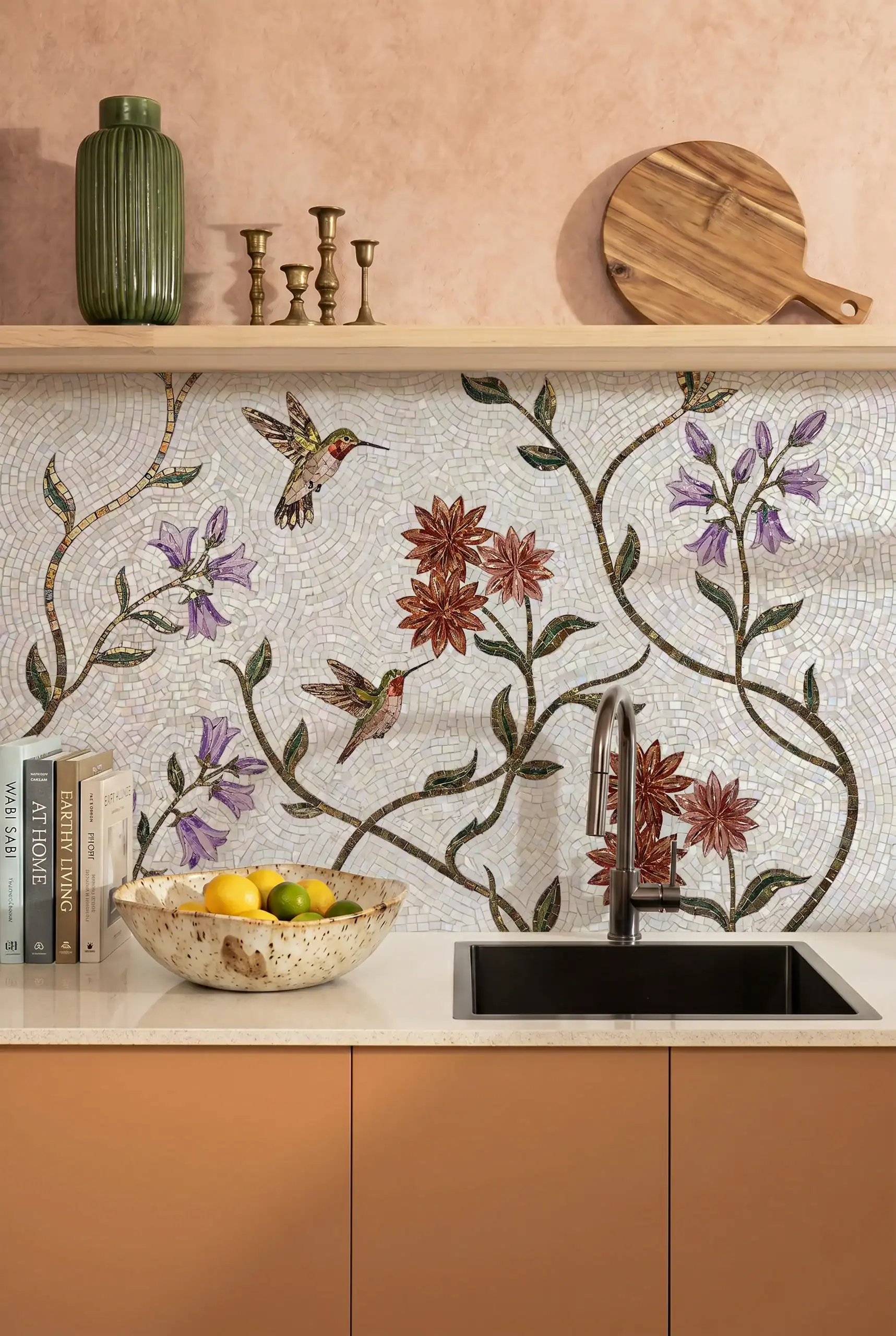 botanical mosaic backsplash featuring hummingbirds, burgundy flowers, lavender blooms, and flowing green vines on an ivory background