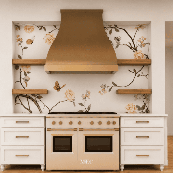 Lace Avian handcrafted botanical mosaic backsplash featuring blush roses, butterflies and flowering branches on a soft ivory kitchen wall