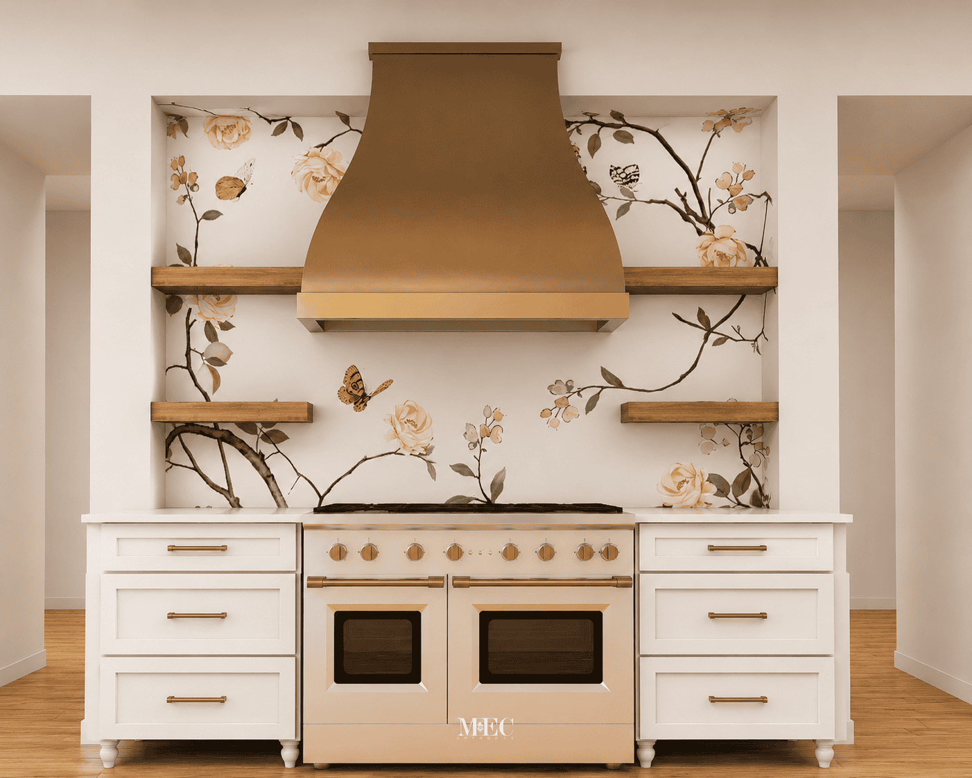 handcrafted botanical mosaic backsplash featuring blush roses, butterflies and flowering branches on a soft ivory kitchen wall
