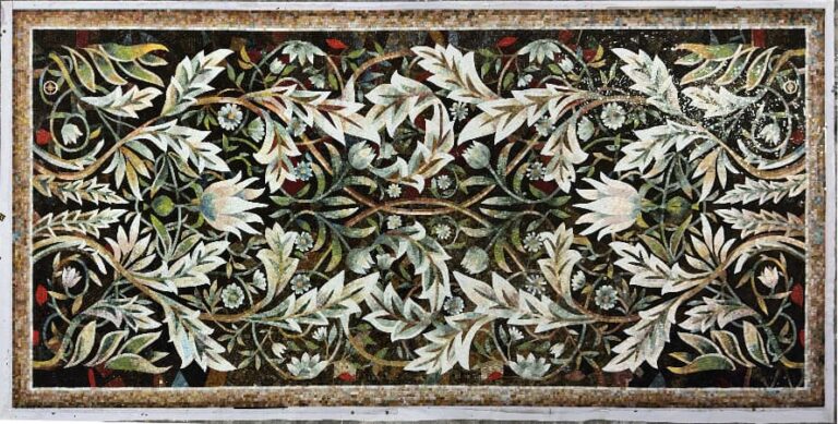 Decorative glass mosaic mural inspired by flowers, leaves, and nature