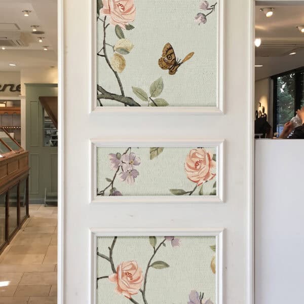 Pastel Sonata handcrafted floral mosaic panels featuring blush roses, butterflies, lavender flowers and botanical branches on a soft ivory background
