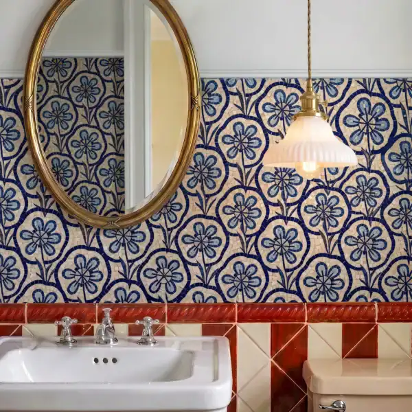 Periwinkle Inlay blue floral mosaic pattern featuring repeating cobalt blossoms and geometric circles on an ivory handcrafted mosaic background