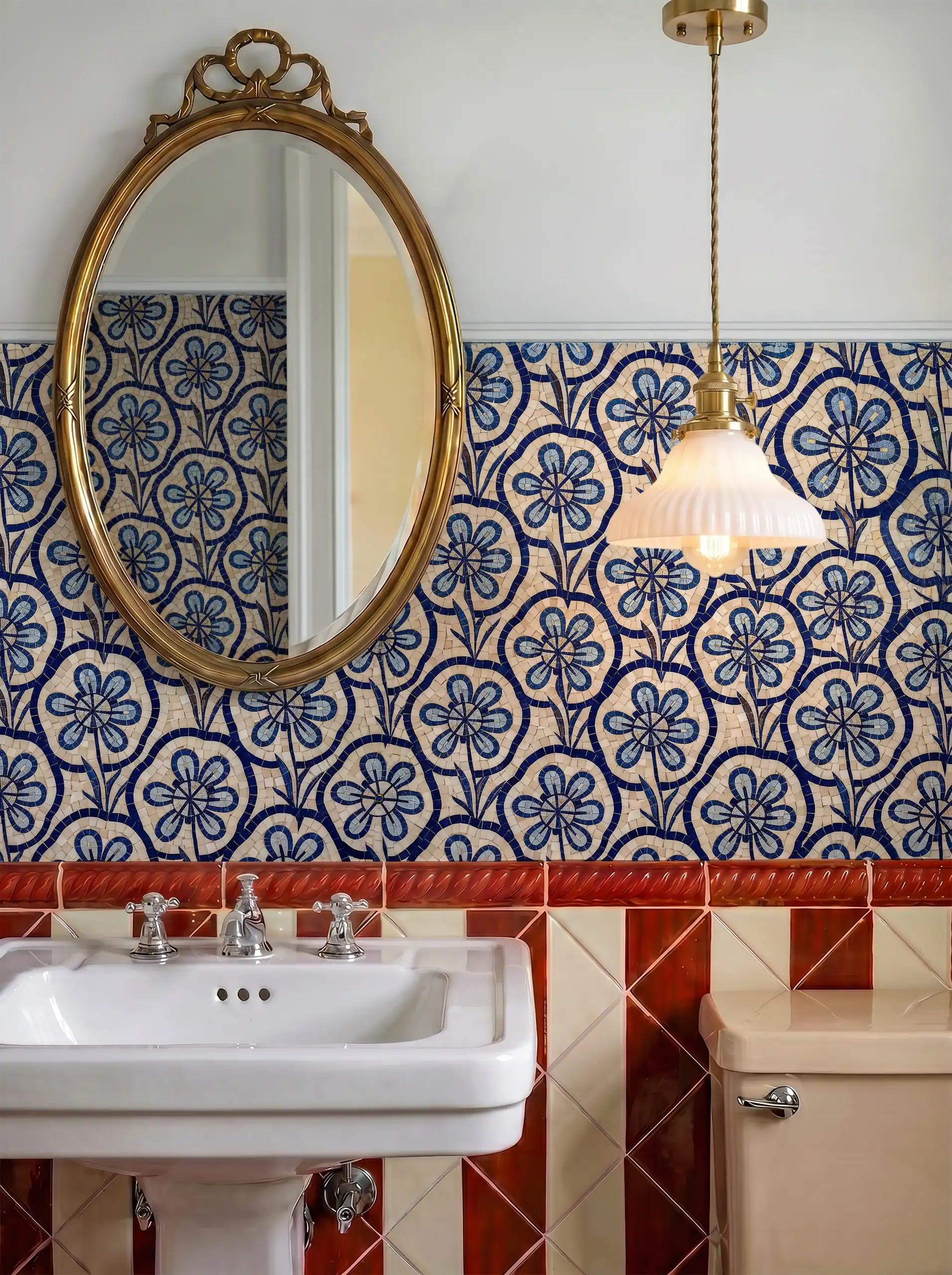 blue floral mosaic pattern featuring repeating cobalt blossoms and geometric circles on an ivory handcrafted mosaic background