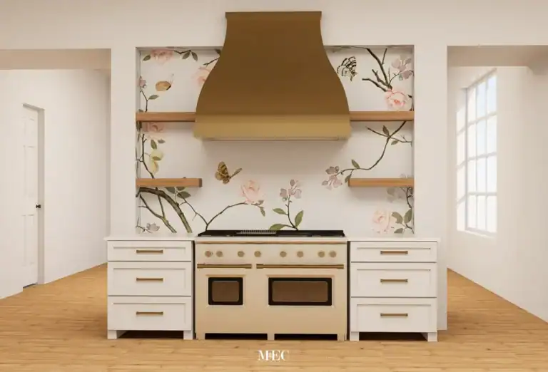 A digital image of a kitchen backsplash concept, with a botanical design and warm brass hood around white colored cabinets