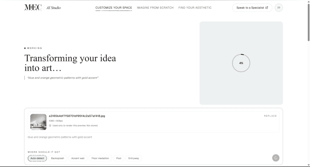 Reimagine feature for creating multiple versions to visualize a custom mosaic in your room using AI
