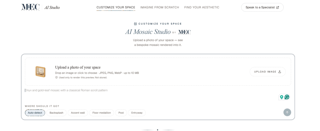 Upload a room photo to visualize a custom mosaic in your room using AI