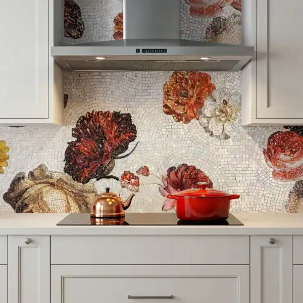 Vermilion Assemblage handcrafted floral mosaic kitchen backsplash featuring oversized crimson, amber and ivory blooms on a textured ivory mosaic background