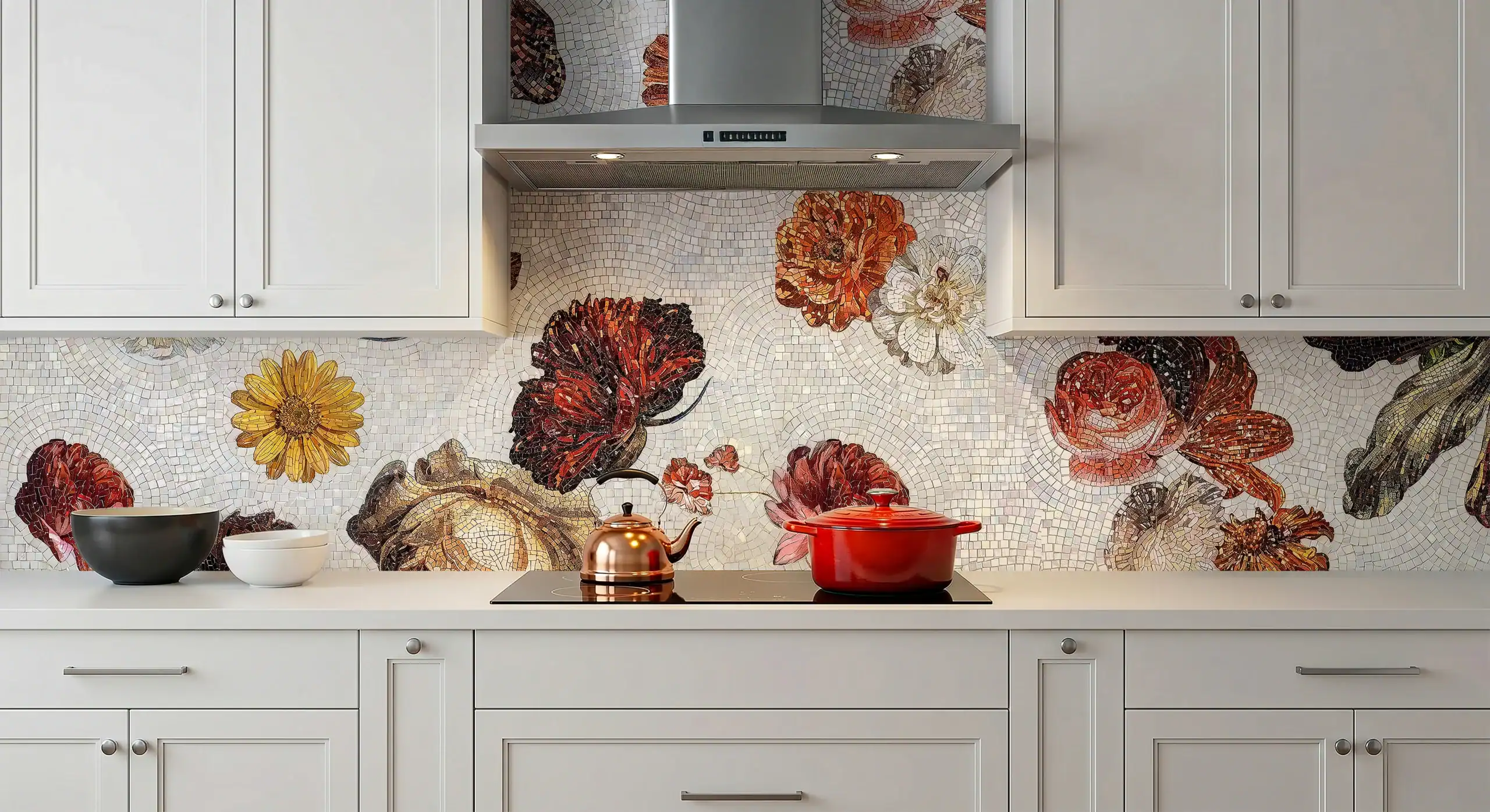 handcrafted floral mosaic kitchen backsplash featuring oversized crimson, amber and ivory blooms on a textured ivory mosaic background