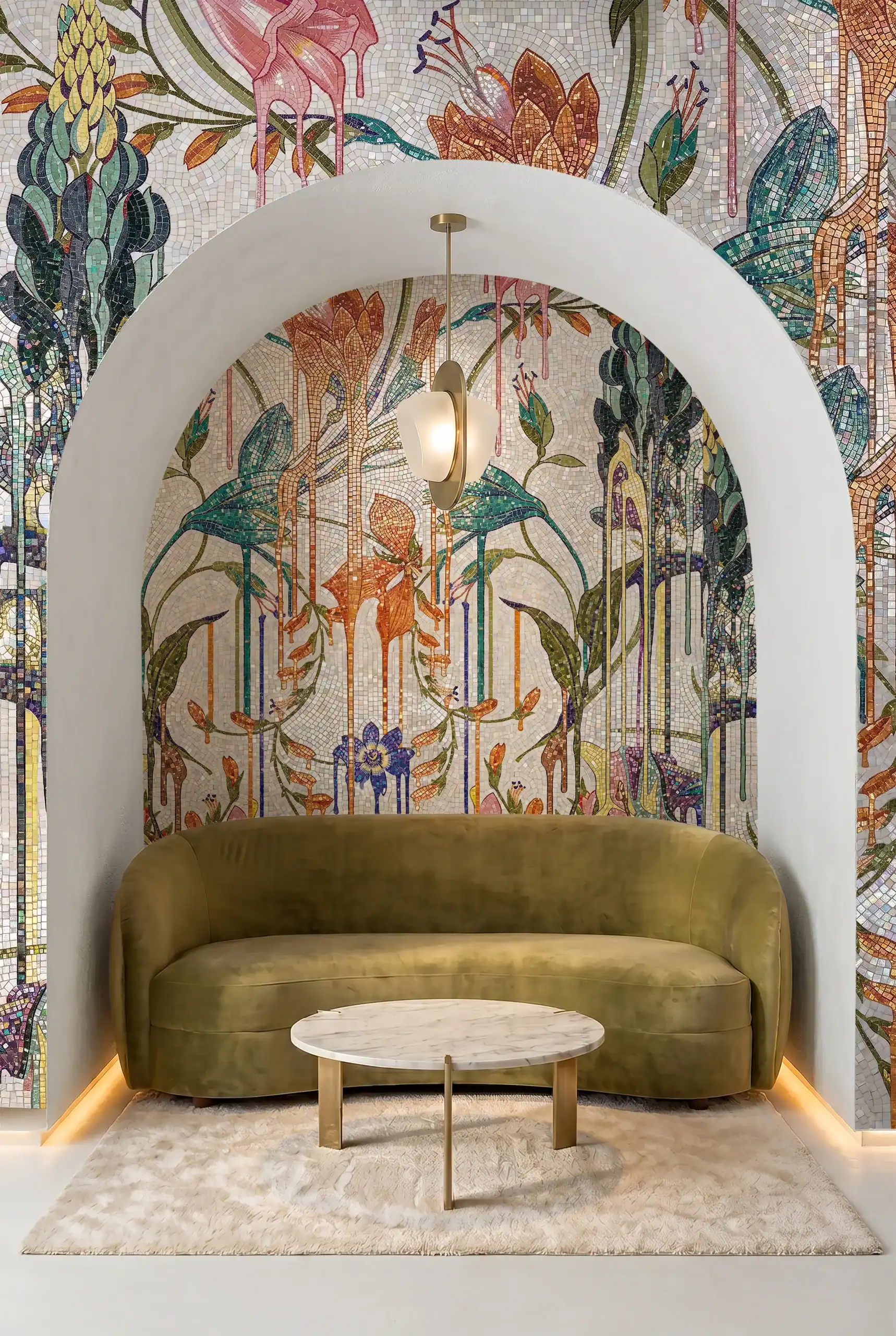 tropical botanical mosaic mural featuring cascading flowers, lush green foliage, and handcrafted natural stone and glass tesserae