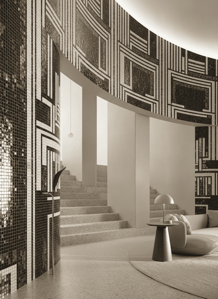 Bold Geometric Black-and-White Mosaic Pattern for Curved Wall