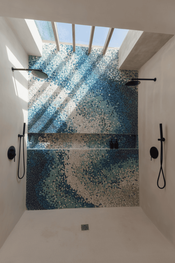 Cascading Blue Mosaic Tile for Skylight and Shower Ceiling
