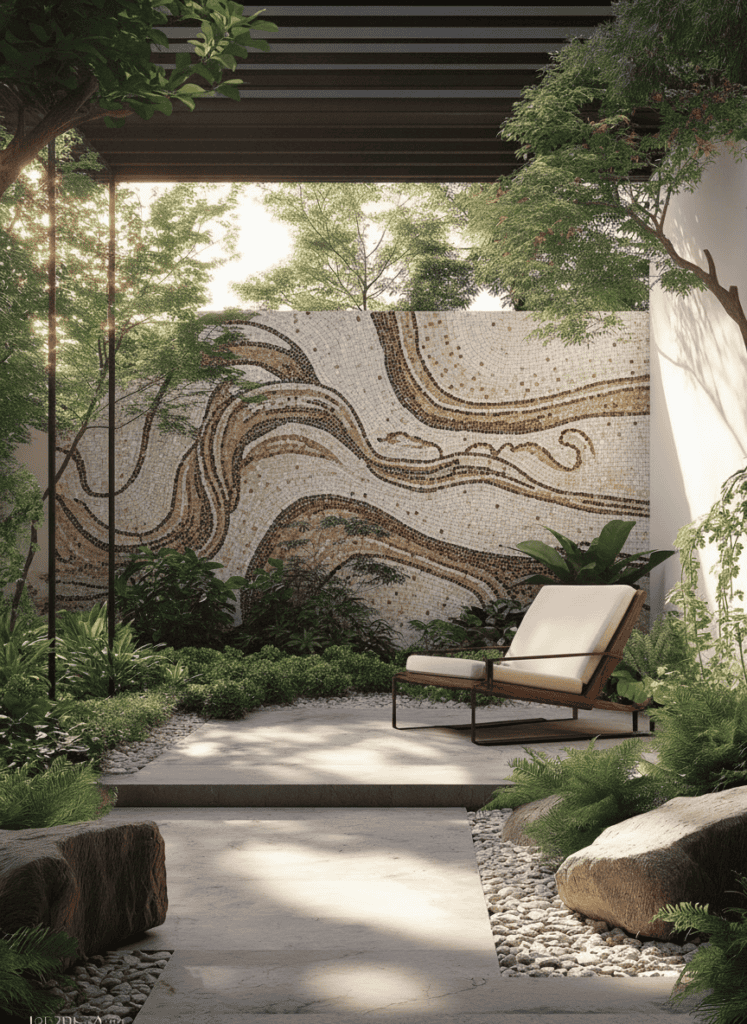 Organic Wave and Wood-Grain Mosaic Mural for Garden Wall