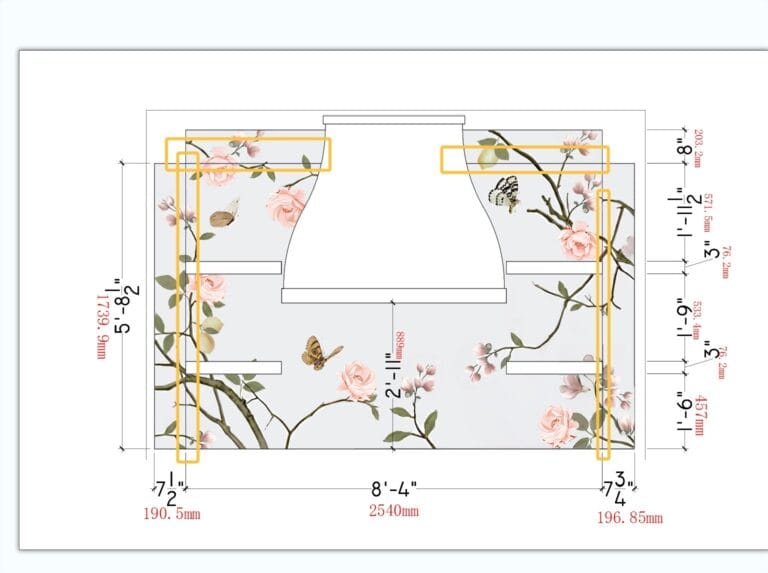 An overall sketch of a white range hood surrounded with botanical pattern, with spft florals, green leaves. birds, buteterflies and leons
