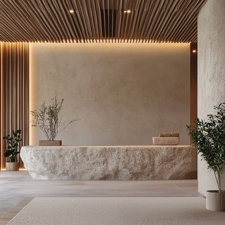 Outdoor Wood-Slat Wall and Stone Bench