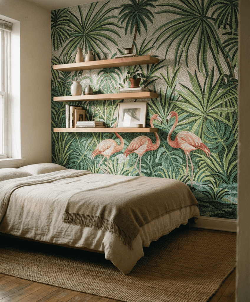 Before and after room transformation showing how to visualize a custom mosaic in your room using AI