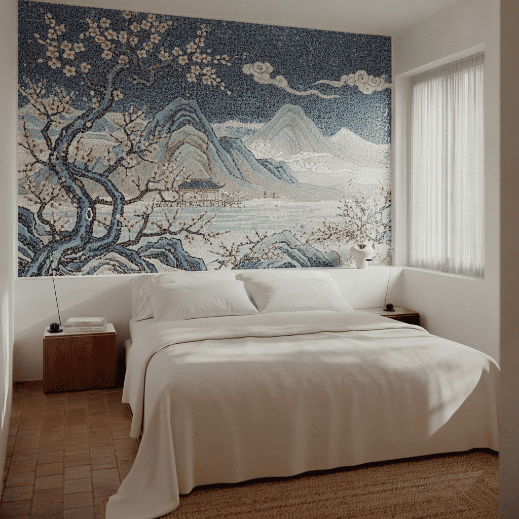 Bedroom wall after using AI to visualize a custom mosaic in your room with a bespoke mosaic design