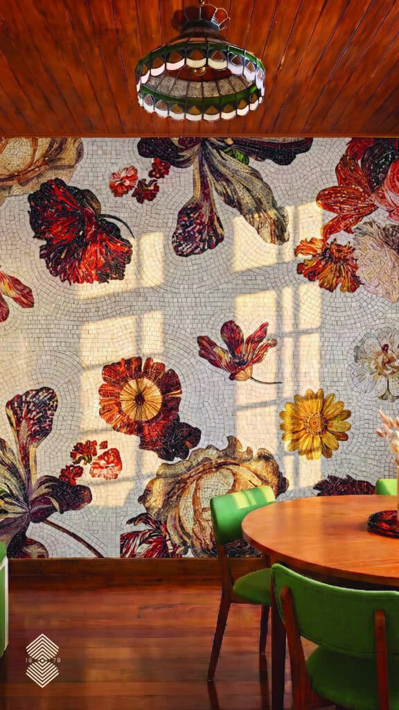luxury floral mosaic installation featuring dahlias, roses, and botanical blooms flowing across walls and columns from our floral mosaic collection