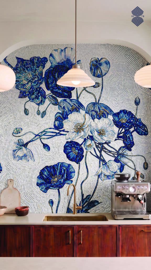 mosaic mural featuring cerulean blossoms and botanical stems