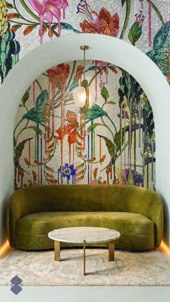 tropical botanical mosaic mural featuring cascading flowers