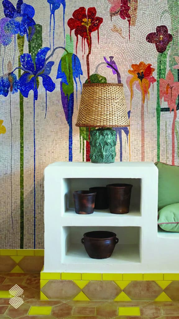 colorful floral mosaic mural featuring elongated blooming flowers