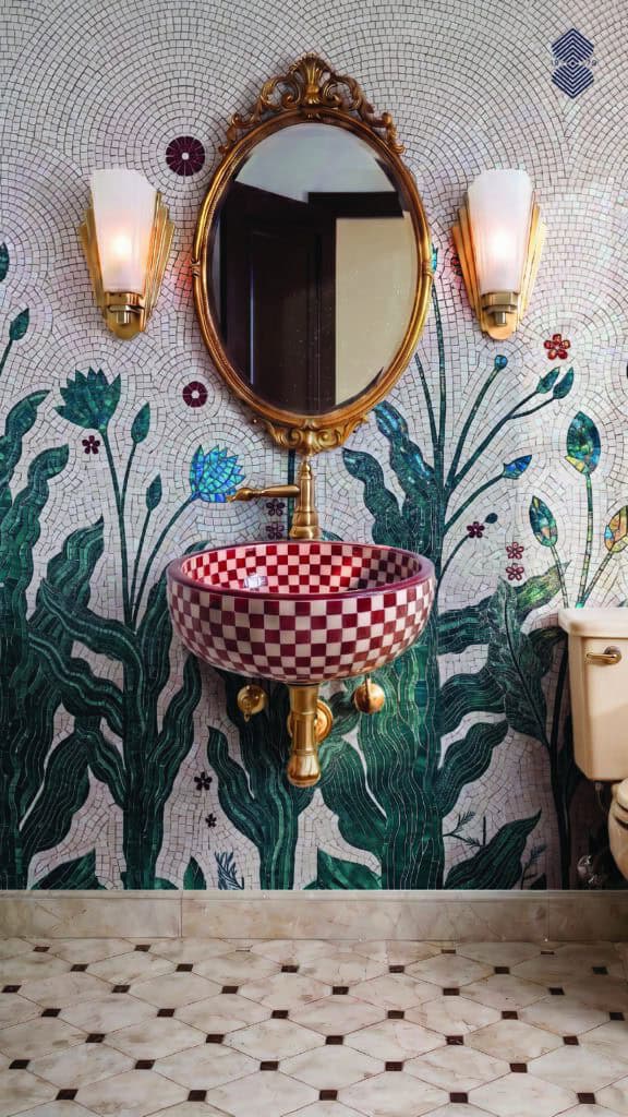 botanical mosaic art in bathroom