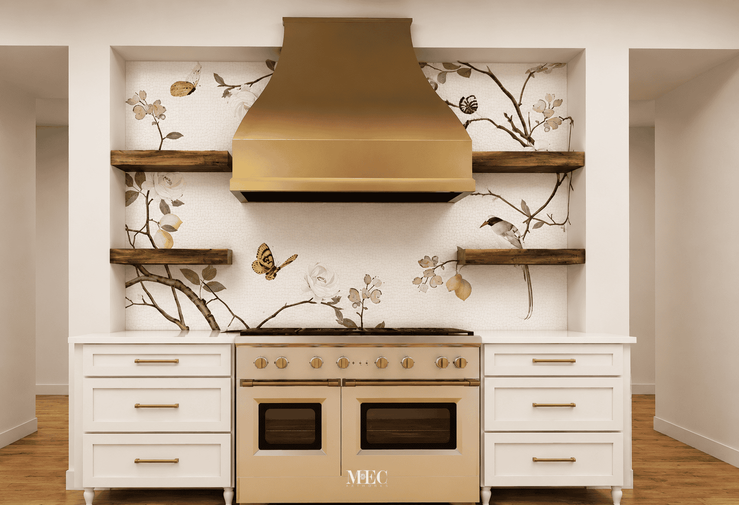 botanical mosaic backsplash featuring blush roses, butterflies and flowering branches on a soft ivory kitchen wall