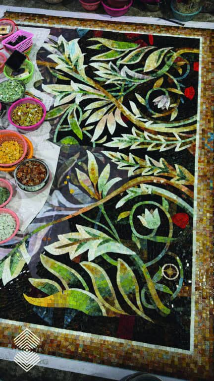 Decorative glass mosaic mural inspired by flowers, leaves, and nature