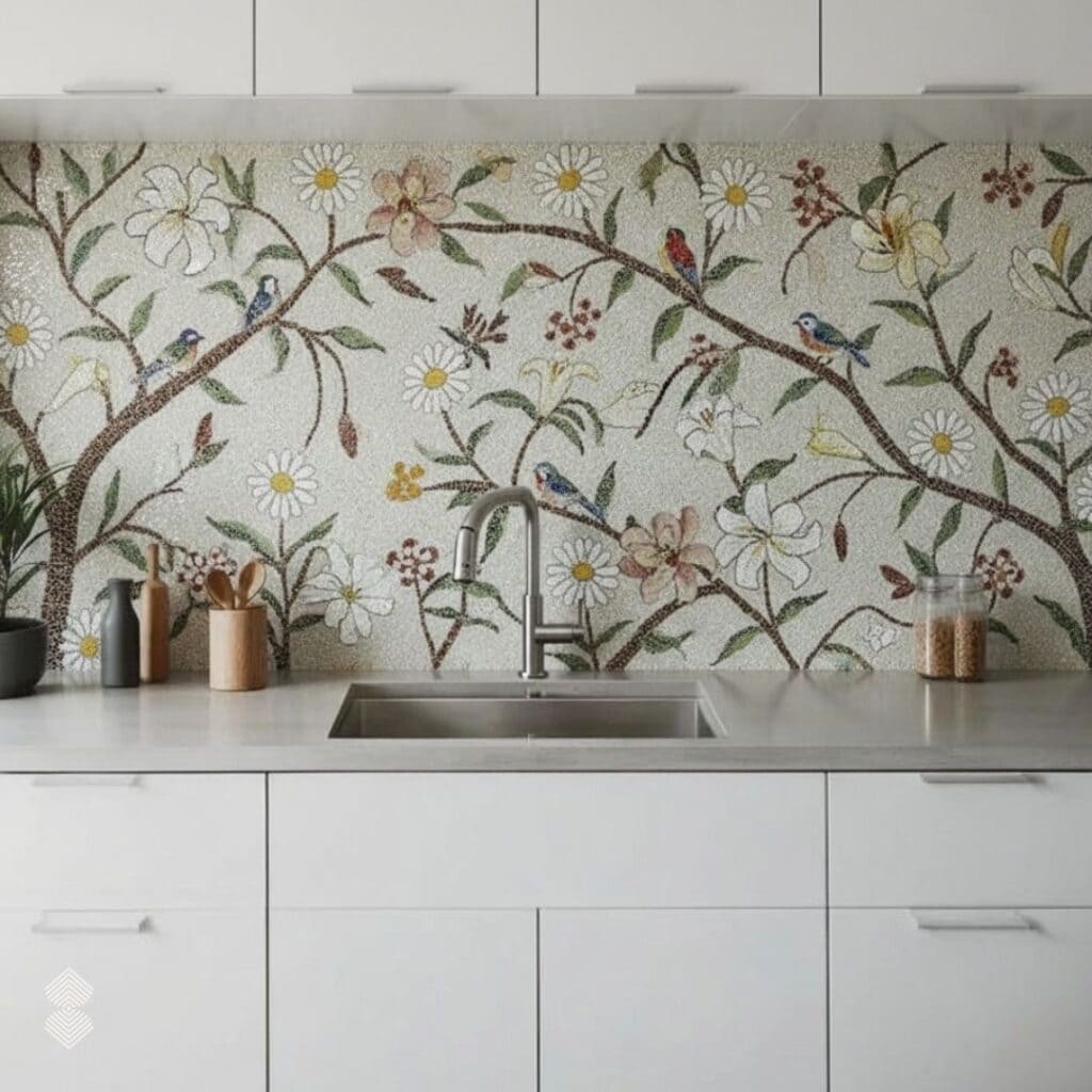 nature inspired kitchen backsplash mosaic design