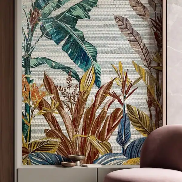 Autumn Canopy Autumn Canopy Mosaic features layered tropical leaves in teal, green, rust, amber and ochre tones against a softly striped neutral background.