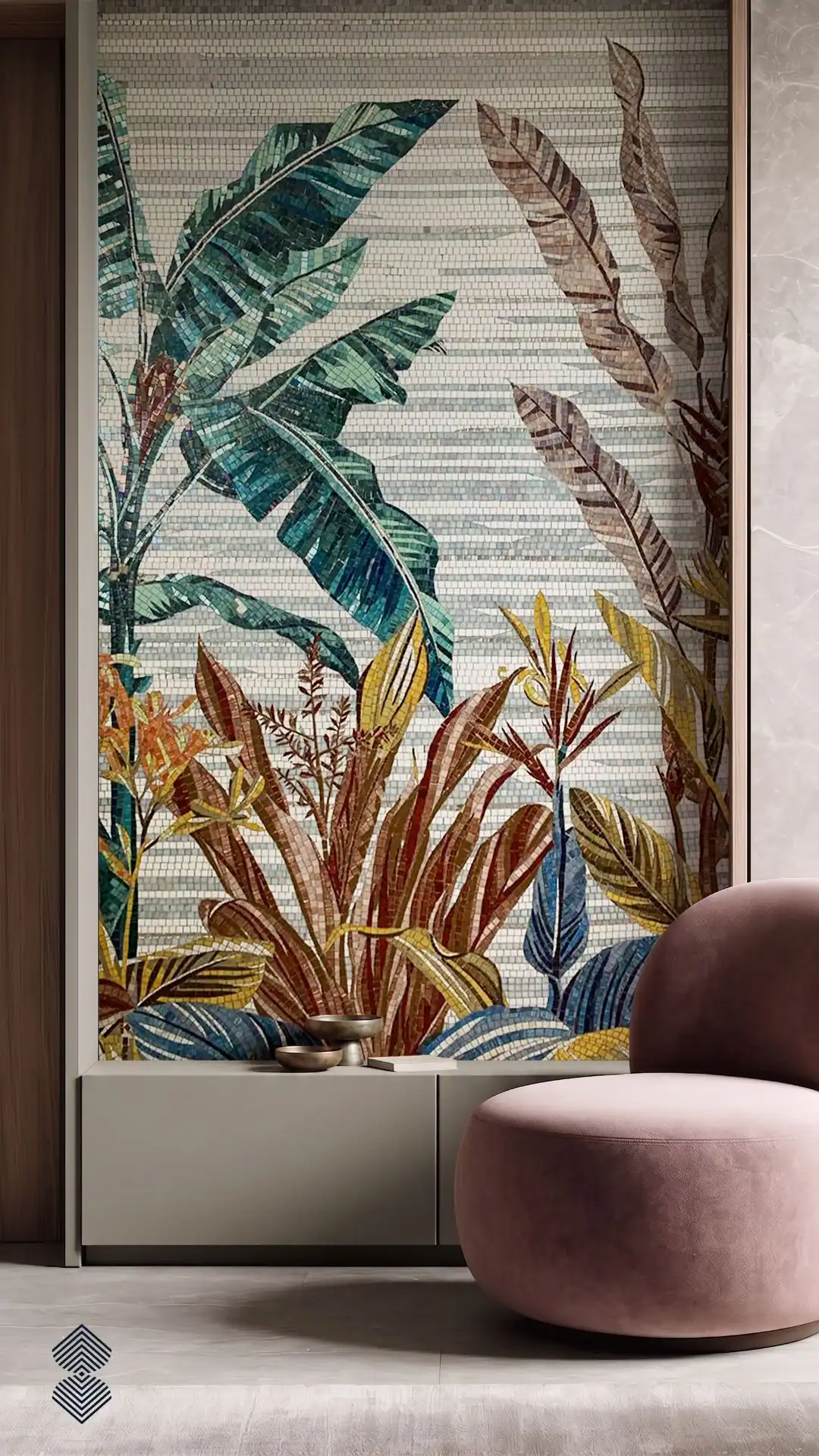 Autumn Canopy Mosaic features layered tropical leaves in teal, green, rust, amber and ochre tones against a softly striped neutral background.