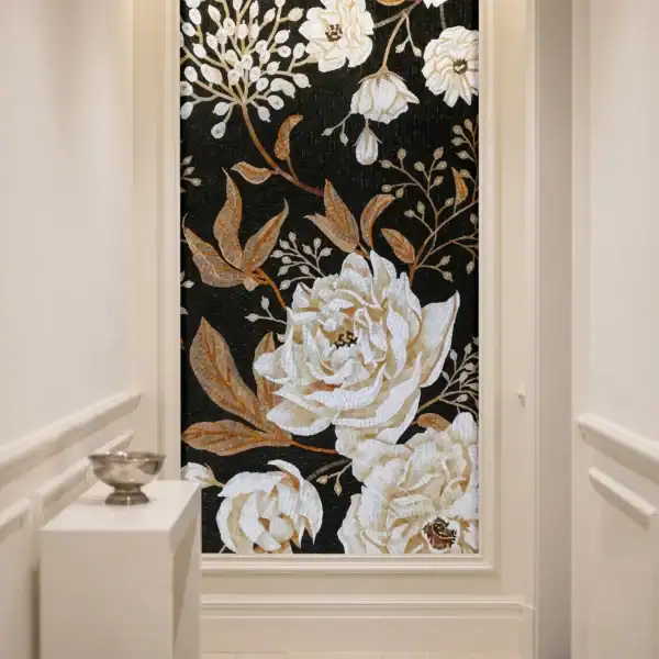 Cashmere Noir handcrafted black and white floral mosaic mural featuring ivory roses, golden leaves and botanical branches for luxury interior feature walls