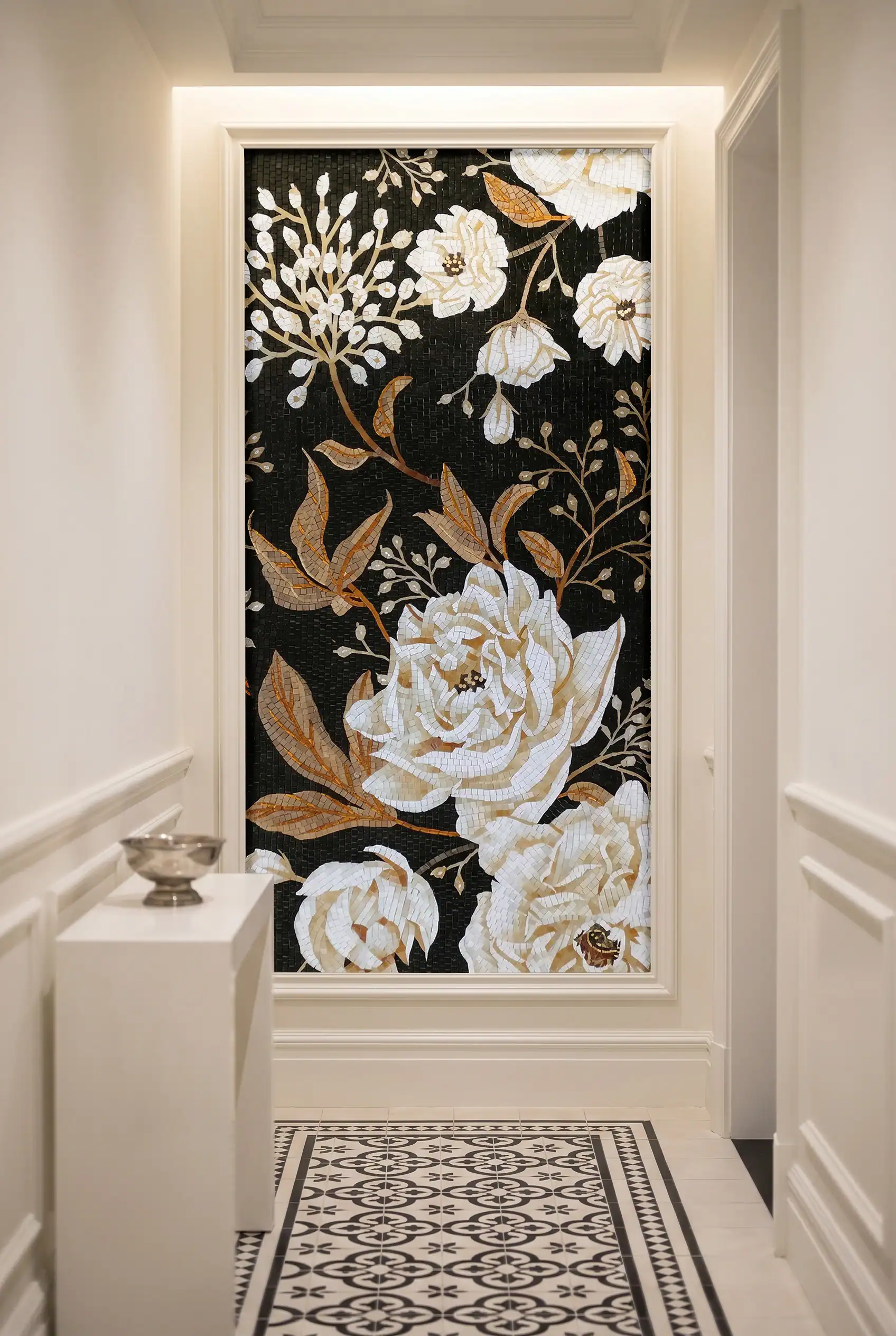 handcrafted black and white floral mosaic mural featuring ivory roses, golden leaves and botanical branches for luxury interior feature walls
